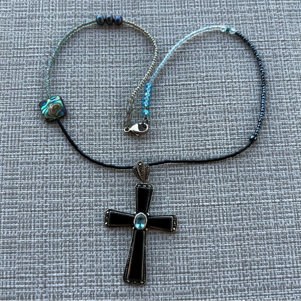 Sterling Silver Black Onyx and Marcasite Cross Pendant Necklace With Blue Stone